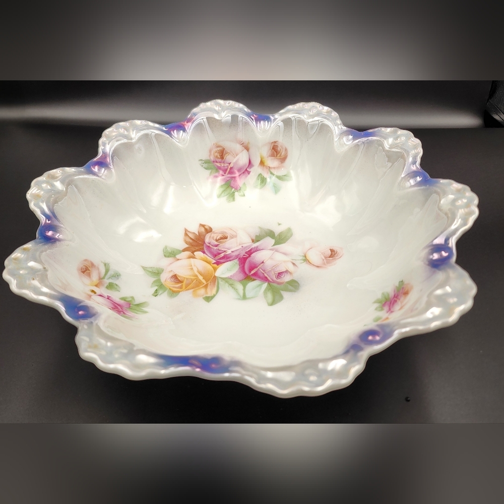 Vintage JSV Germany Porcelain Scalloped-Edge Rose Berry Dish Bowl